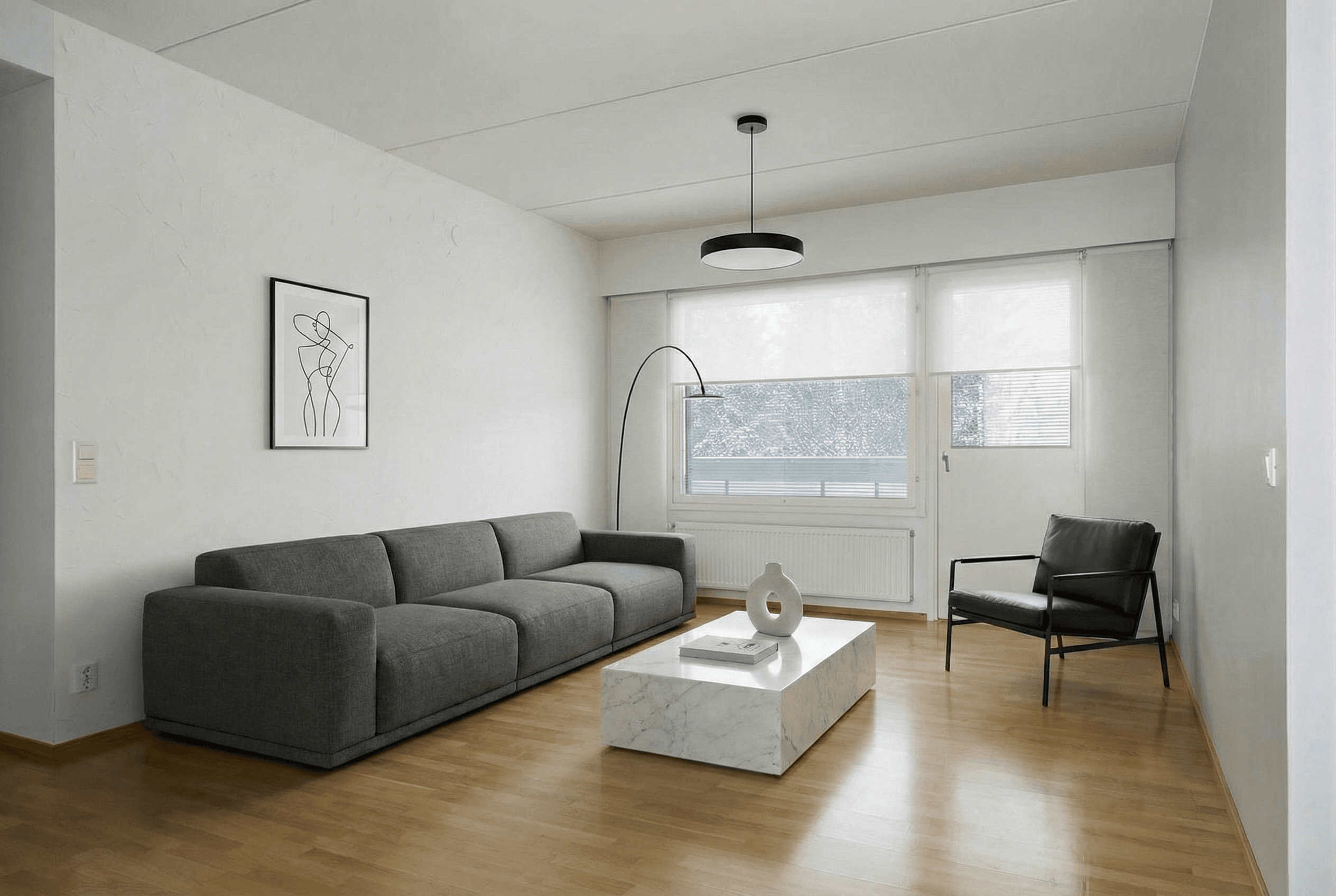 Moderni minimalistinen sisustus — esimerkkikuva
